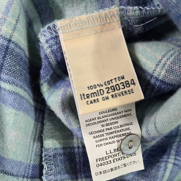 L.L. Bean 100% Cotton Flannel Blue Plaid Split Neck Button-Up Shirt Cabincore - Picture 8 of 9